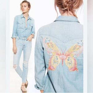 MOTHER Light Blue Skinny Jeans with Butterfly Embroidery